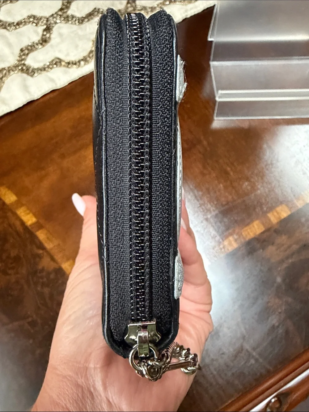 CHANEL Black Quilted Zip Wallet with Silver CC Patch